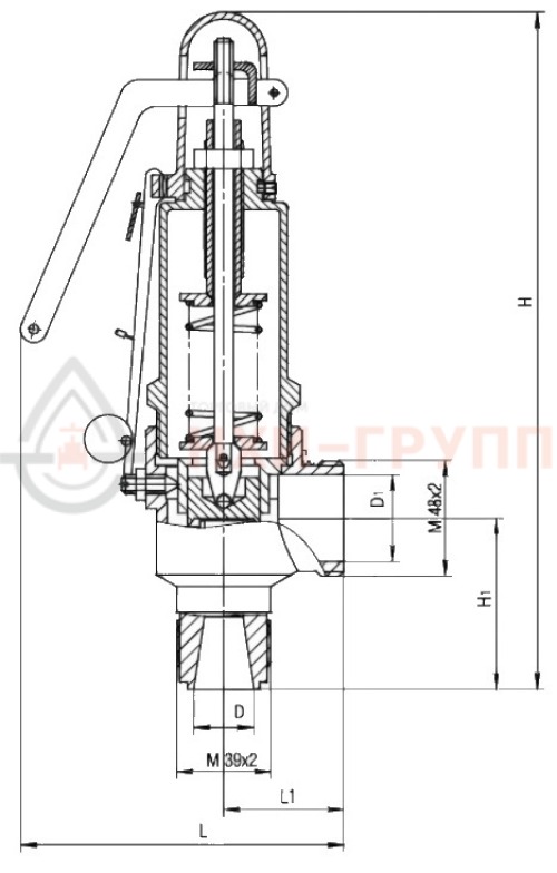 Клапан предохранительный пружинный сальниковый штуцерно-торцевой с приспособлением для принудительного открытия 17б5бк DN 25/40 PN 1,6 (вход) / 0,6 (выход) МПа УХЛ4, пружина № ?, Рн=? кгс/см², корпус ст. латунь, класс герметичности «В» по ГОСТ 9544-2015