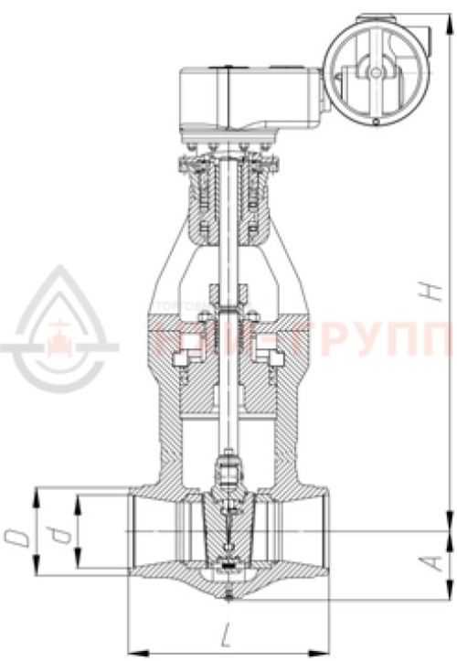 Задвижка запорная под приварку с электроприводом (AUMA SA14.6-F14-380/50/3-22) 1120-100-ЭД-01 DN 100 PN 23,5 МПа Т250 °С, корпус ст. 20