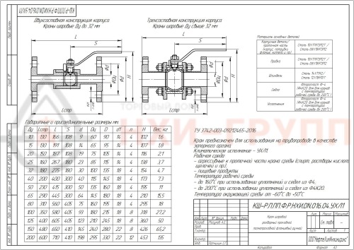 Кран шаровой разборный проходной полнопроходной фланцевый ручной КШ-Р.П.ПП.Ф.Р.НХИ.065.016.03.УХЛ1 DN 65 PN 1,6 МПа, корпус ст. 08Х17Н13М2, класс герметичности «А» по ГОСТ 9544-2015
